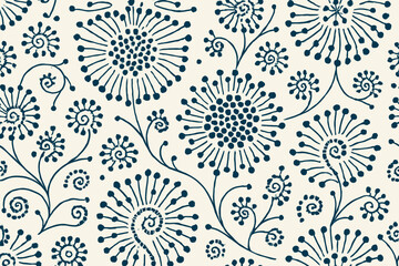 Intricate floral pattern with spirals and dot clusters on a light background.