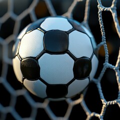 Soccer ball caught in net during a match at dusk, capturing the excitement of the game