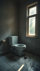 Abandoned bathroom with dusty floor crack and old fixtures highlighting need for sanitary system overhaul in refurbishment