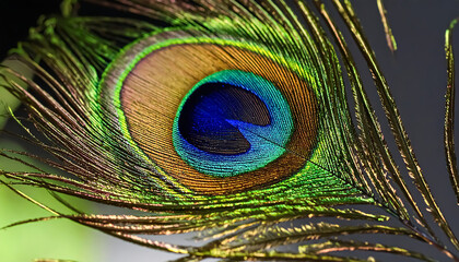 A vibrant peacock feather shows iridescent colors in shades of blue, green, and gold, adding a touch of exotic beauty.