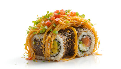 Vibrant fresh ingredients wrapped. Savory filling, perfect texture. Culinary innovation, delightful blend. Healthy, satisfying meal. Unique, portable creation. Asian-inspired, modern twist. Flavorful,