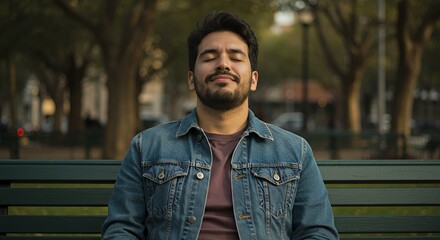 Serene man finds peace on a park bench, eyes closed, enjoying a moment of quiet contemplation amidst nature's embrace.