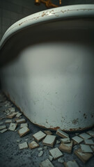 Antique bathtub base surrounded by broken tile fragments indicating demolition of old bathroom flooring during restoration