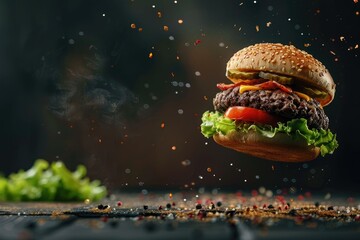 High Detail Visual of Fresh Prime Chicken Patty Angus Beef Burger with Flying Ingredients