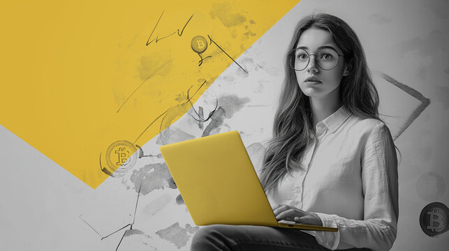 Composite photo collage of pretty shocked woman hold laptop loss bitcoin glasses trader miner crypto decline isolated on painted background