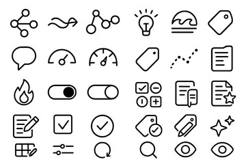 Set of minimalistic icons including analytics, notifications, checklists, and settings.