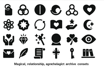 Black silhouette icon set with magical, romantic, and symbolic elements