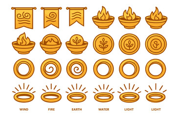 Outlined elemental icon set with warm tones and fantasy theme