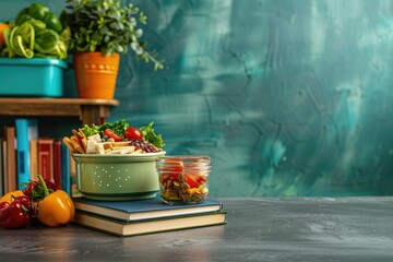 High Definition Picture of Healthy Food Near Books and Lunchbox