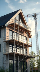 Multi-story house facade covered with scaffolding and crane performing exterior renovation work on residential building