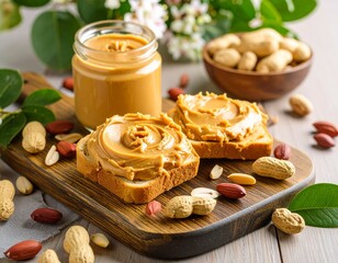Fototapeta premium Pure peanut butter jar surrounded by peanuts on a wooden surface, shot with professional lighting. Some images feature a bowl of peanut butter, others show it on a spoon.