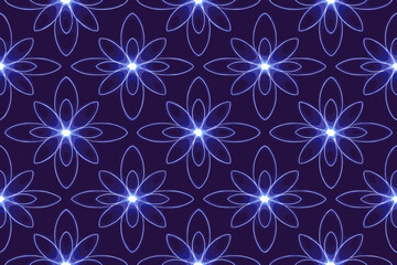 Seamless glowing violet-blue floral pattern with radiant petal outlines