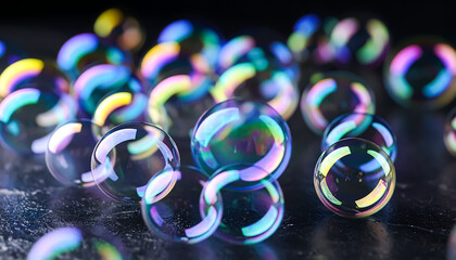 Floating soap bubbles glisten with iridescent colors on a reflective dark surface creating a playful and ethereal display of light and form.