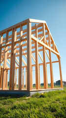 Exposed timber frame structure standing in field showing skeletal framework for new build construction
