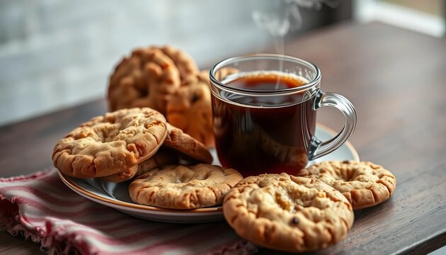 Warm coffee steaming beside a plate of crumbly biscuits, cracker, cookies