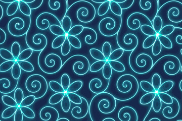 Seamless glowing floral pattern with neon blue swirls and daisy motifs