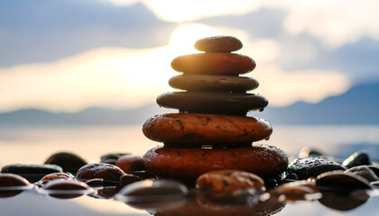 Balanced stone tower creates a peaceful Zen atmosphere during sunset near the lake, representing harmony and tranquility.