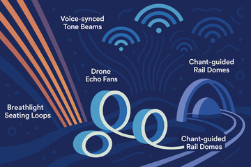 Naklejka premium Futuristic nightscape illustration with labeled sound and wellness structures