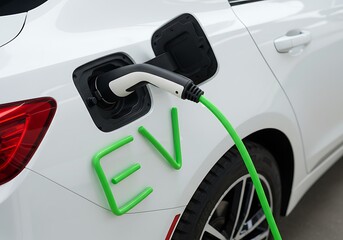 Electric car charging with green cable and ev letters on vehicle