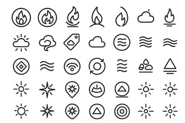 Minimalist elemental icon set with fire, air, cloud, and light symbols