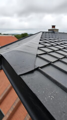 Rain-protected roof edge with metal flashing installed along tile ridge during waterproofing detail work