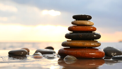 Stacked stones create a balanced tower on a wet beach at sunset, ideal for concepts of zen, meditation, and peacefulness near the water.
