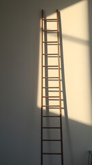 High ladder casting diagonal sunlight pattern on blank wall signifying equipment positioning during interior remodel