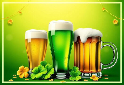 Festive green St Patrick's Day posters featuring three beer glasses, golden clovers, and a beer mug with foam, design, advertising