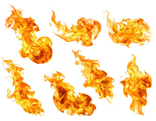 A set of seven isolated fire flames on a black background design element isolated on transparent background