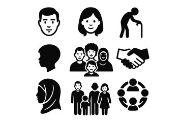 Black icons on white background for diverse people. Minimal vector for unity and representation.