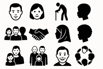 12 black diversity icons on white. Clean vector for age, ethnicity, and inclusion.