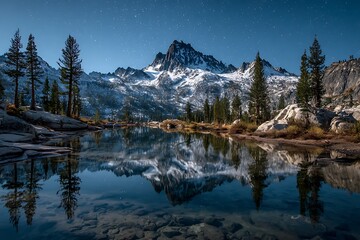 Elegant mountain peak snowy reflected blue water starry night  
