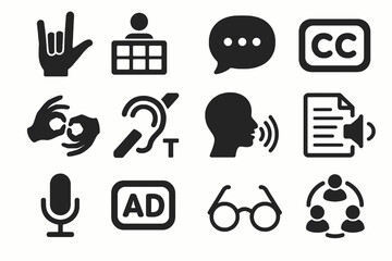 Black icons on white background for accessible communication. Minimal vector set for inclusion.