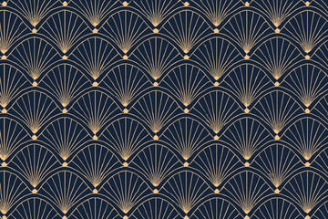 Elegant gold fan pattern on dark navy seamless background
