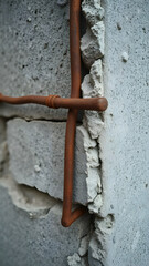 Rusty plumbing riser secured in concrete wall cavity illustrating pipeline replacement challenge during repair