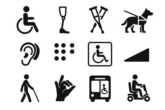12 black disability icons on white. Solid vector for accessibility and inclusion design. - Powered by Adobe