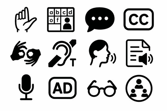 12 black communication accessibility icons on white. Vector for inclusive speech and support.