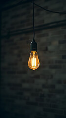 Single industrial filament bulb glowing in dark workspace providing temporary lighting for construction tasks