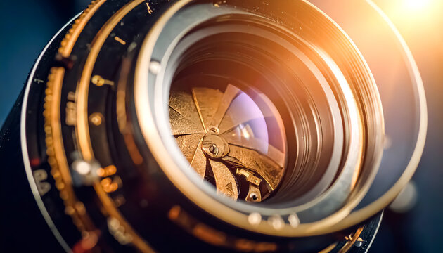 Dramatic close-up showcases the intricate details of a camera lens aperture with bright light reflections enhancing the golden mechanics.