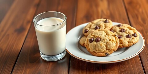 Glass of milk beside plate of chocolate chip cookies on wooden table, white, dessert