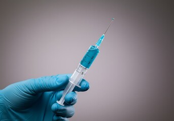 Gloved hand holding syringe filled with blue liquid