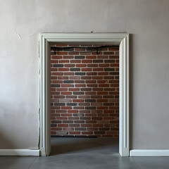 Wooden door frame opening to exposed red brick wall ready for interior renovation project showcasing structural entryway detail