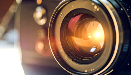 Golden light refracts dramatically inside the glass lens of an antique film camera, highlighting its classic cinematic design.