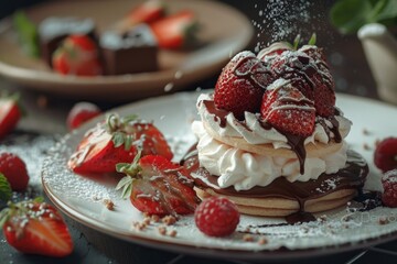High Detail Picture of Delicious Dessert Cream Chocolate Melted Sugar Strawberrys Cookies
