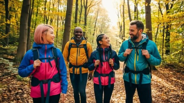 Diverse Group Hiking Through Autumn Forest, Smiling and Enjoying Nature Together
