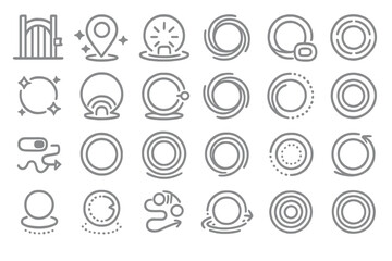 A set of 24 vector icons depicting dynamic abstract elements such as circular patterns, swirling motions, and portal-like symbols, representing movement, transformation, and flow.