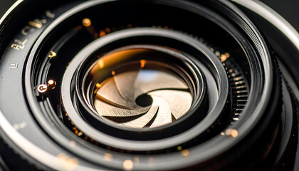 Macro shot showcases the intricate details of a camera lens, highlighting its aperture blades and optical elements for photographic equipment.