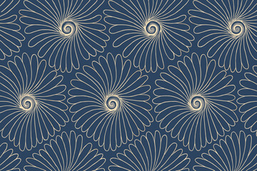 Seamless pattern of elegant swirling spirals with delicate petal-like lines on a dark blue background.