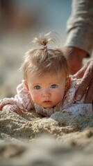 Baby exploring sandy beach while adult assists in bright outdoor setting during sunny day