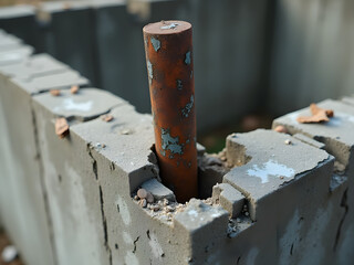Rusted steel reinforcement bar protruding from broken concrete edge illustrating structural reinforcement challenge in repair job